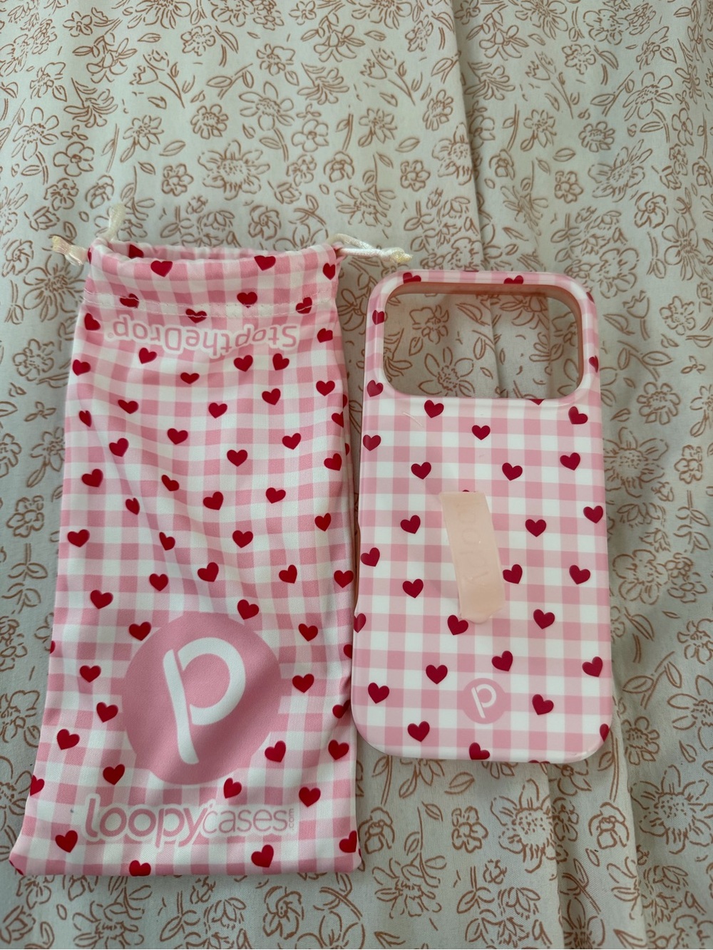 Loopy Case Pink Gingham Heart Phone Case Pouch Set